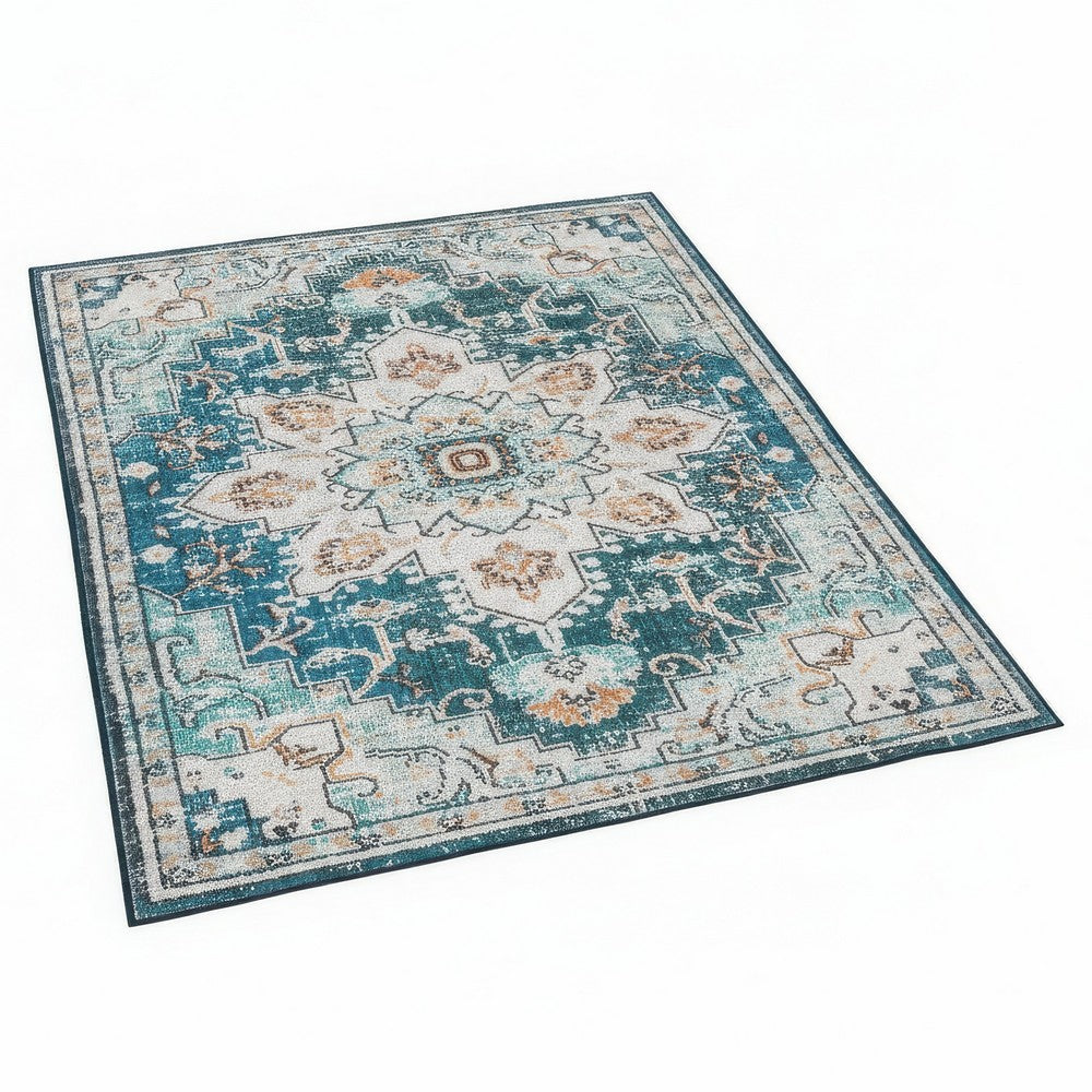 5x7 Retro Medium Area Rug | Beige Blue Vintage Persian Floral Pattern