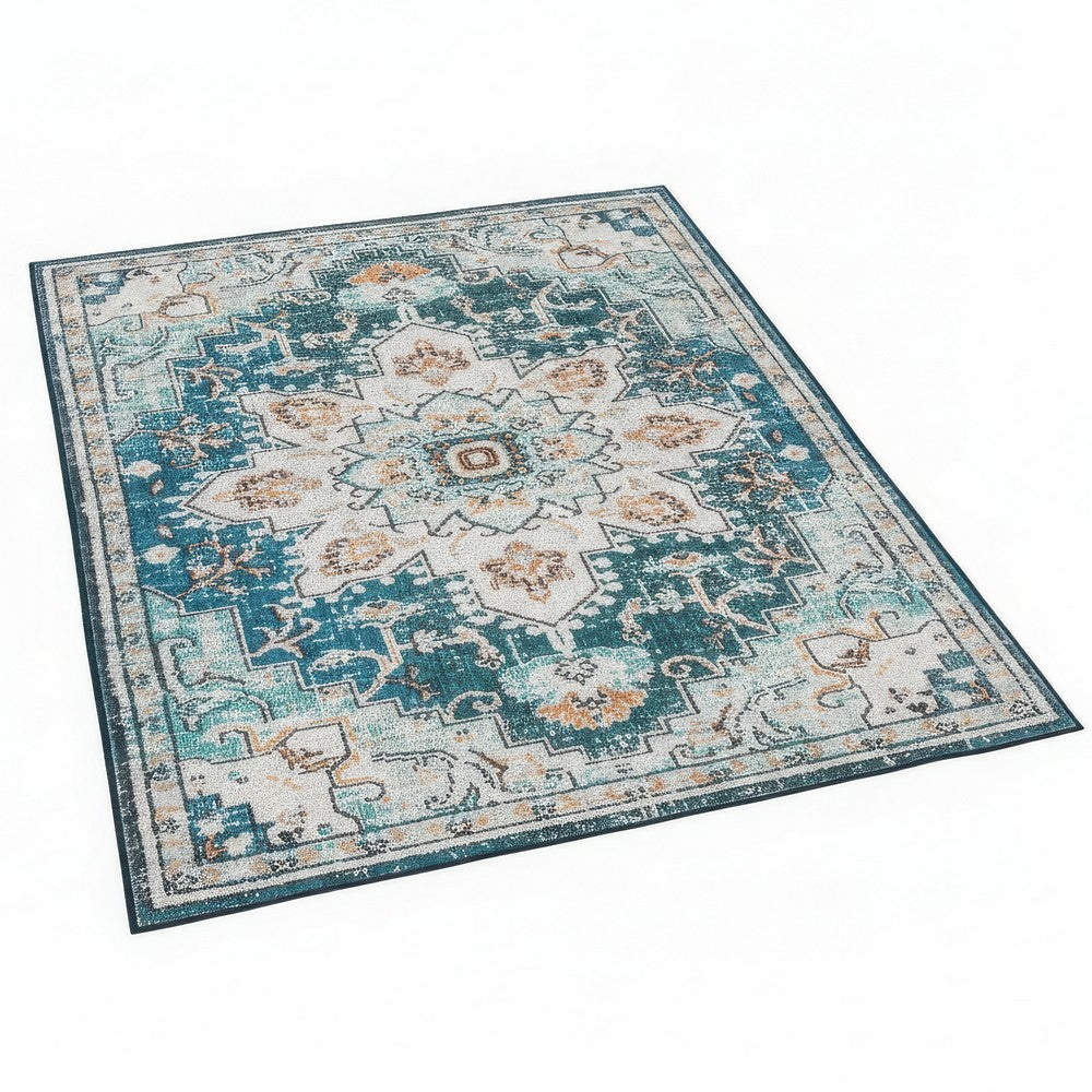 5x7 Retro Medium Area Rug | Beige Blue Vintage Persian Floral Pattern