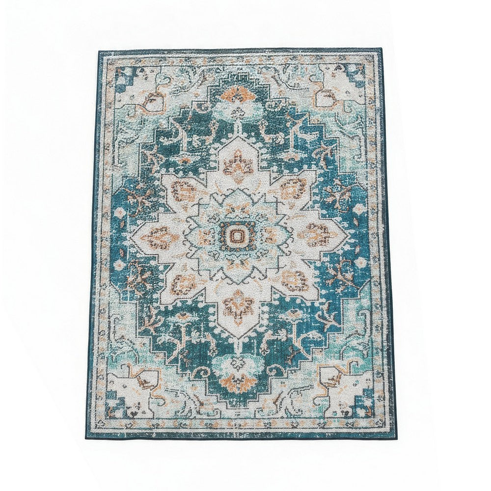 5x7 Retro Medium Area Rug | Beige Blue Vintage Persian Floral Pattern