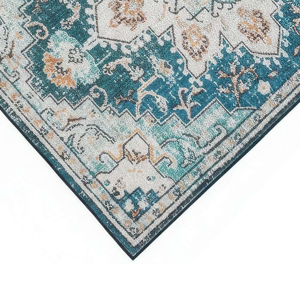 5x7 Retro Medium Area Rug | Beige Blue Vintage Persian Floral Pattern