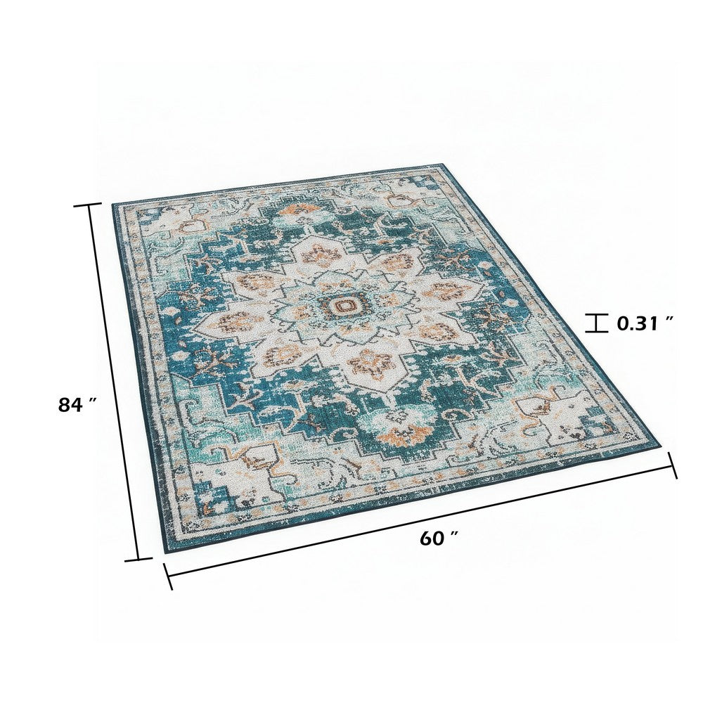 5x7 Retro Medium Area Rug | Beige Blue Vintage Persian Floral Pattern