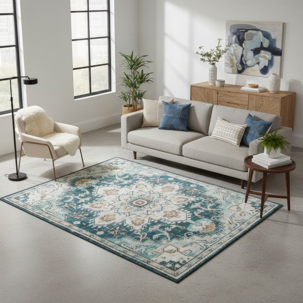 5x7 Retro Medium Area Rug | Beige Blue Vintage Persian Floral Pattern