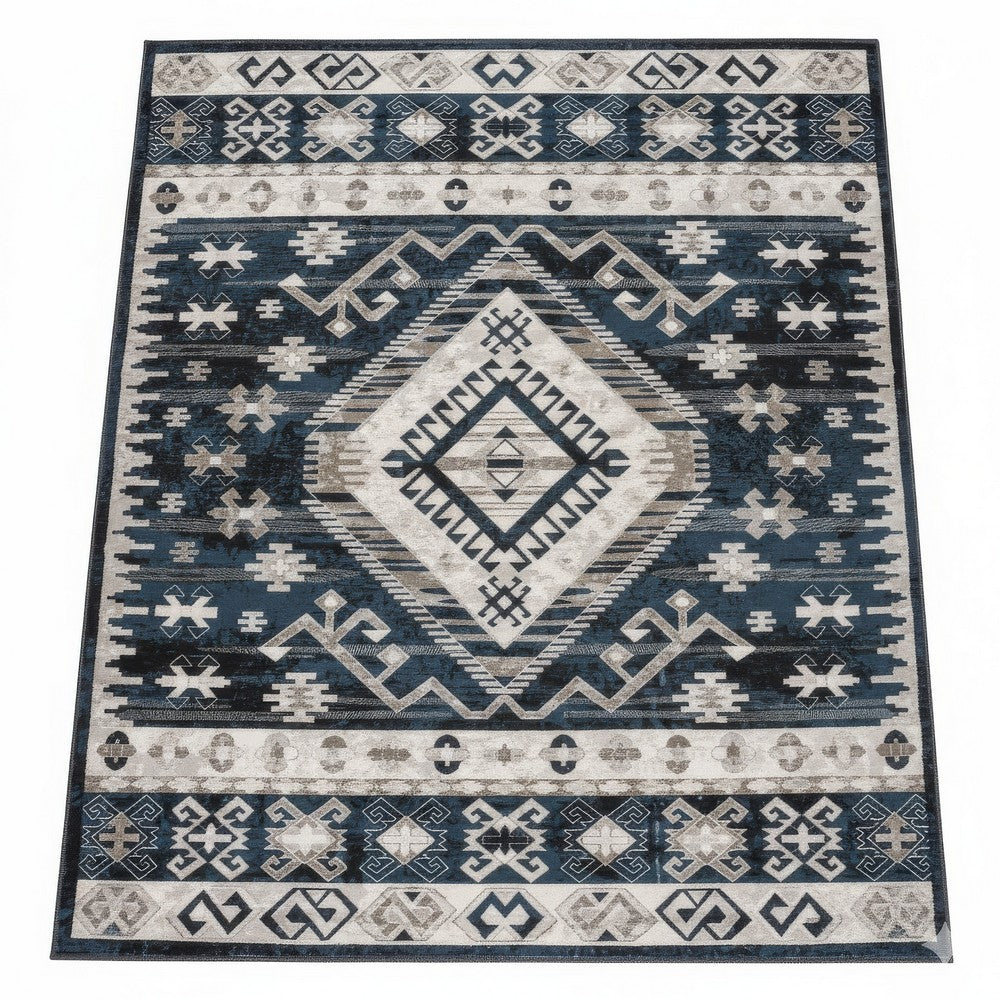 Jena 8x10 Extra Large Area Rug | Persian Geometric Design | Black Blue