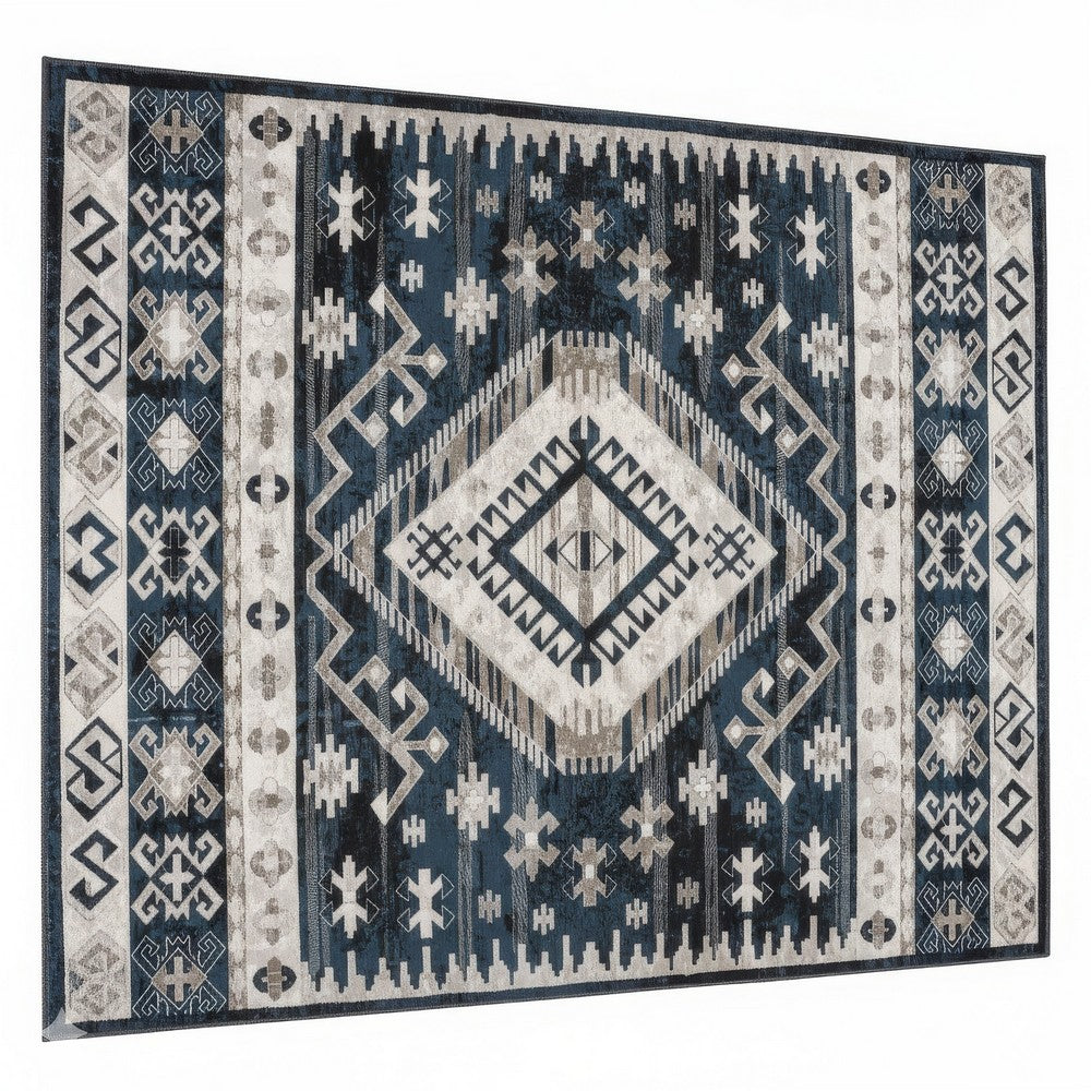 Jena 8x10 Extra Large Area Rug | Persian Geometric Design | Black Blue