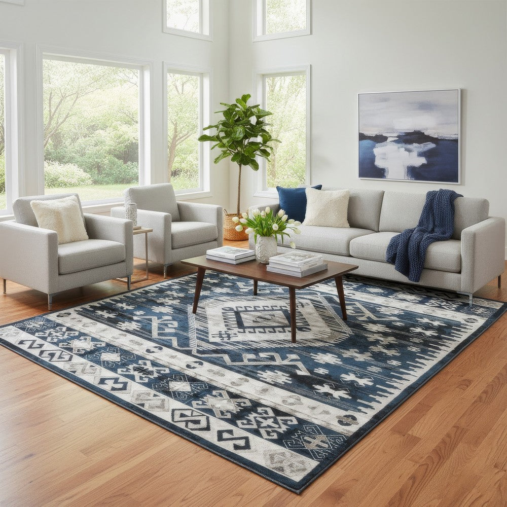 Jena 8x10 Extra Large Area Rug | Persian Geometric Design | Black Blue
