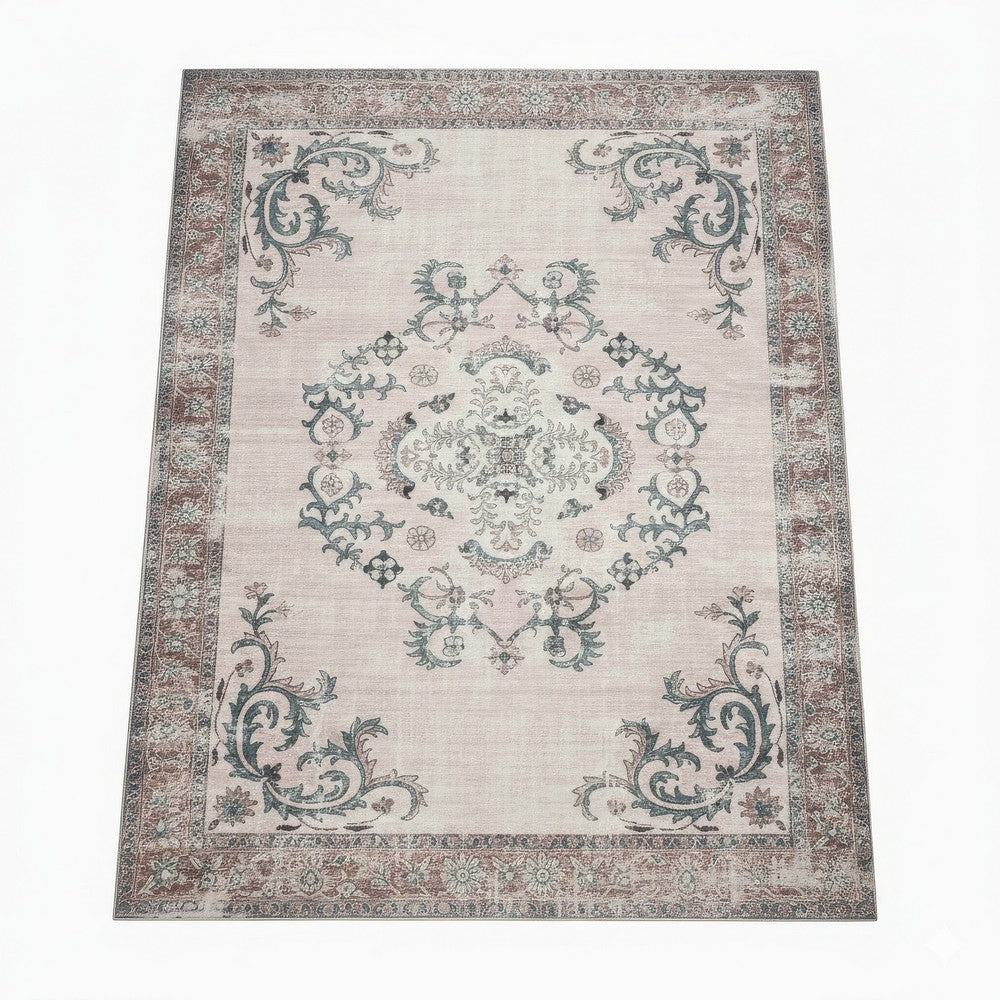 5x7 Vintage Medium Area Rug | Antique Brassy White Persian Floral Pattern