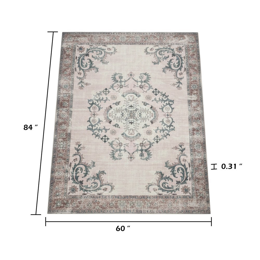 5x7 Vintage Medium Area Rug | Antique Brassy White Persian Floral Pattern