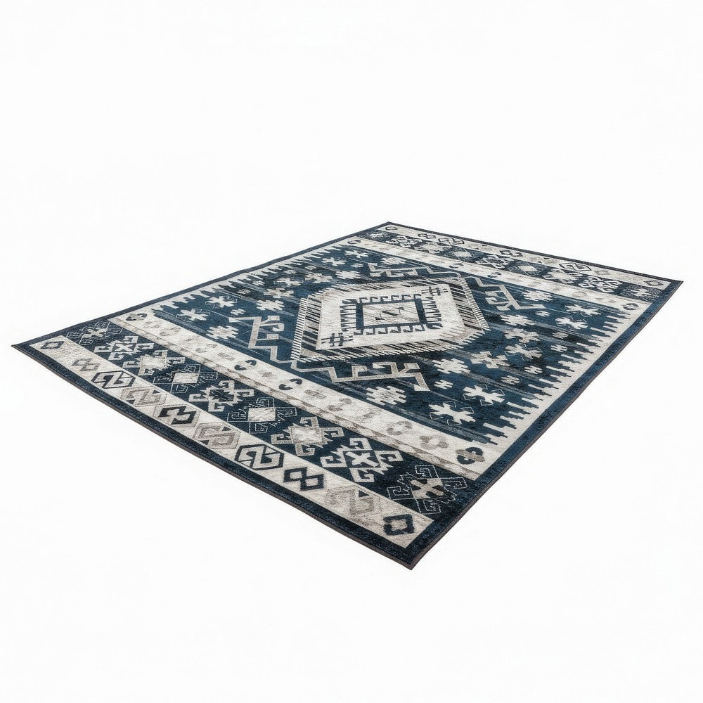 Jena 6x9 Large Area Rug | Persian Geometric Design | Modern Retro Black Blue