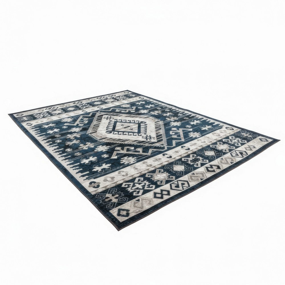 Jena 6x9 Large Area Rug | Persian Geometric Design | Modern Retro Black Blue