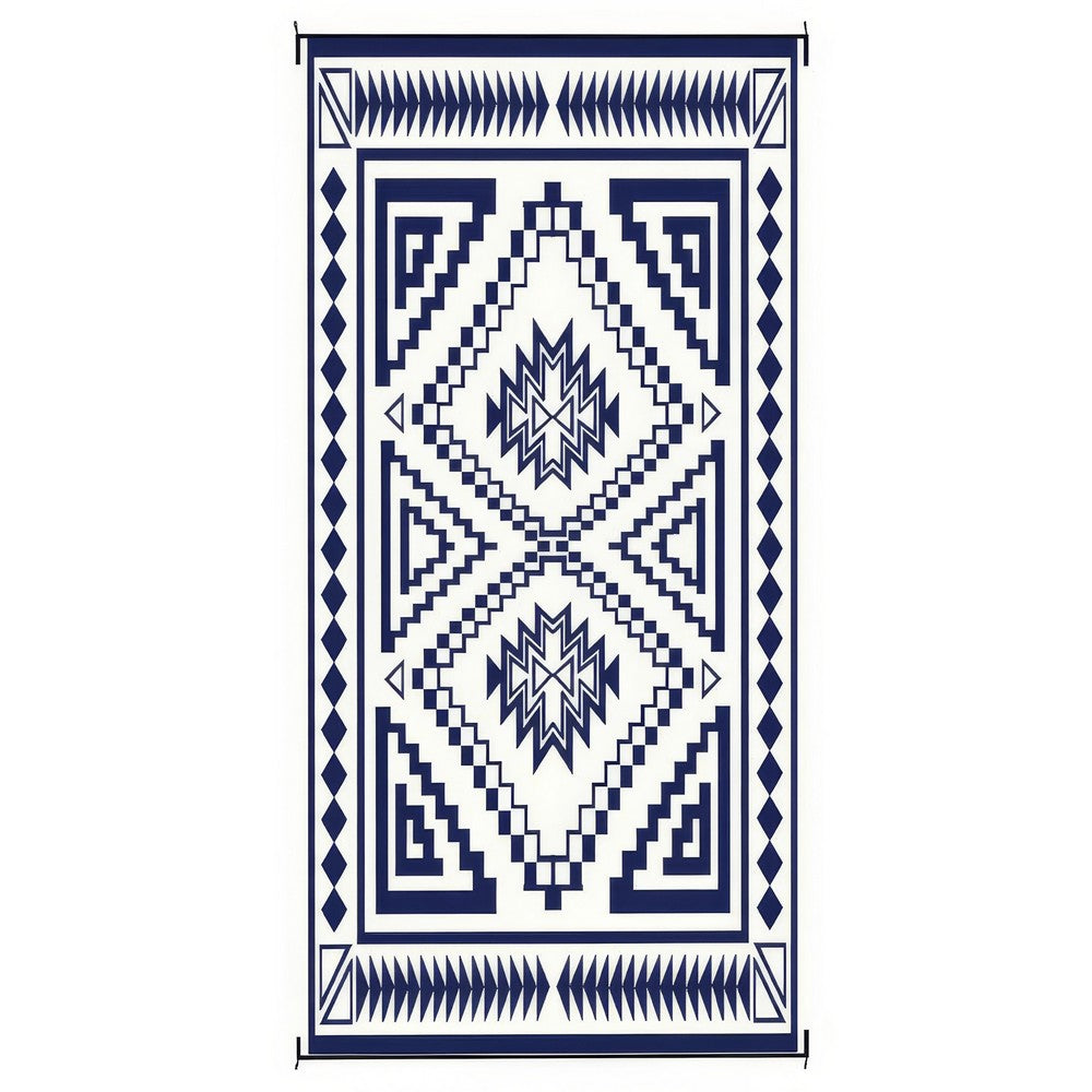 Lema 9x18 Ultra Large Area Patio Rug with Carrying Bag | Blue & White