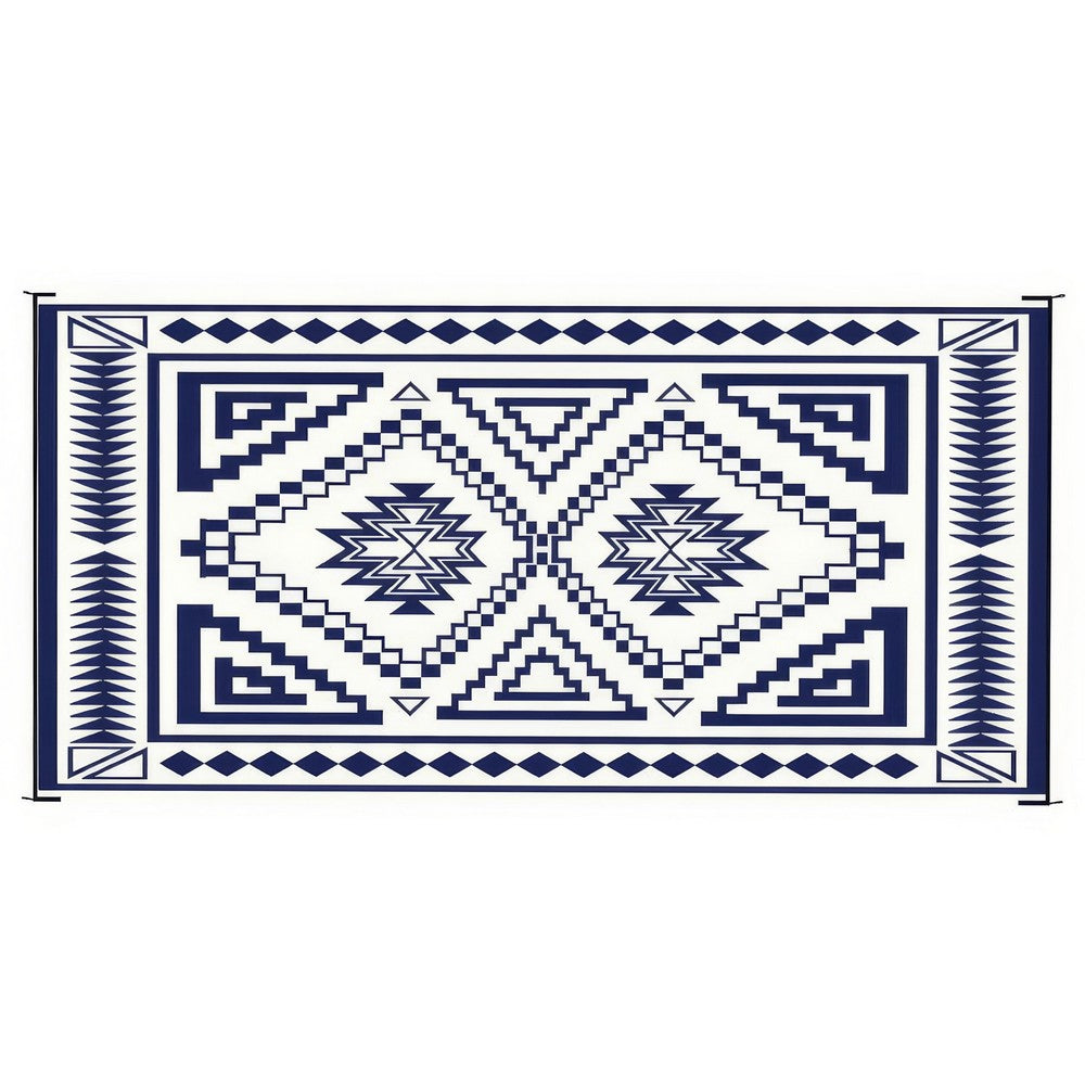 Lema 9x18 Ultra Large Area Patio Rug with Carrying Bag | Blue & White