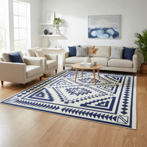 Lema 9x18 Ultra Large Area Patio Rug with Carrying Bag | Blue & White