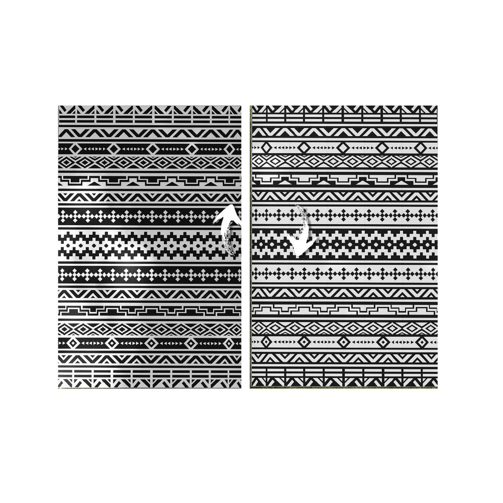Mez 6x9 Medium Outdoor Rug | Black White Bohemian Geometric Pattern w Bag