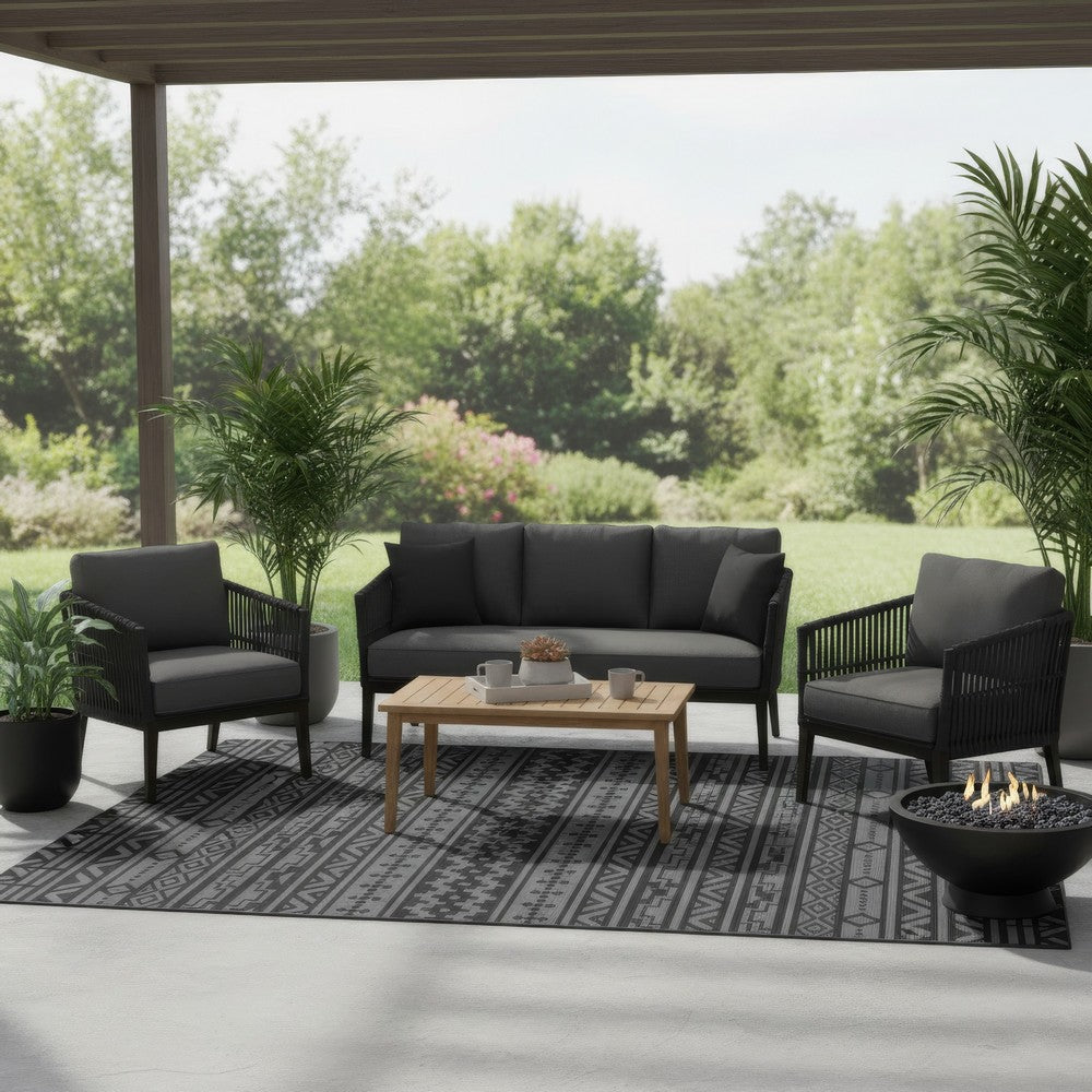 Mez 6x9 Medium Area Outdoor Rug | Black Gray Bohemian Geometric Pattern