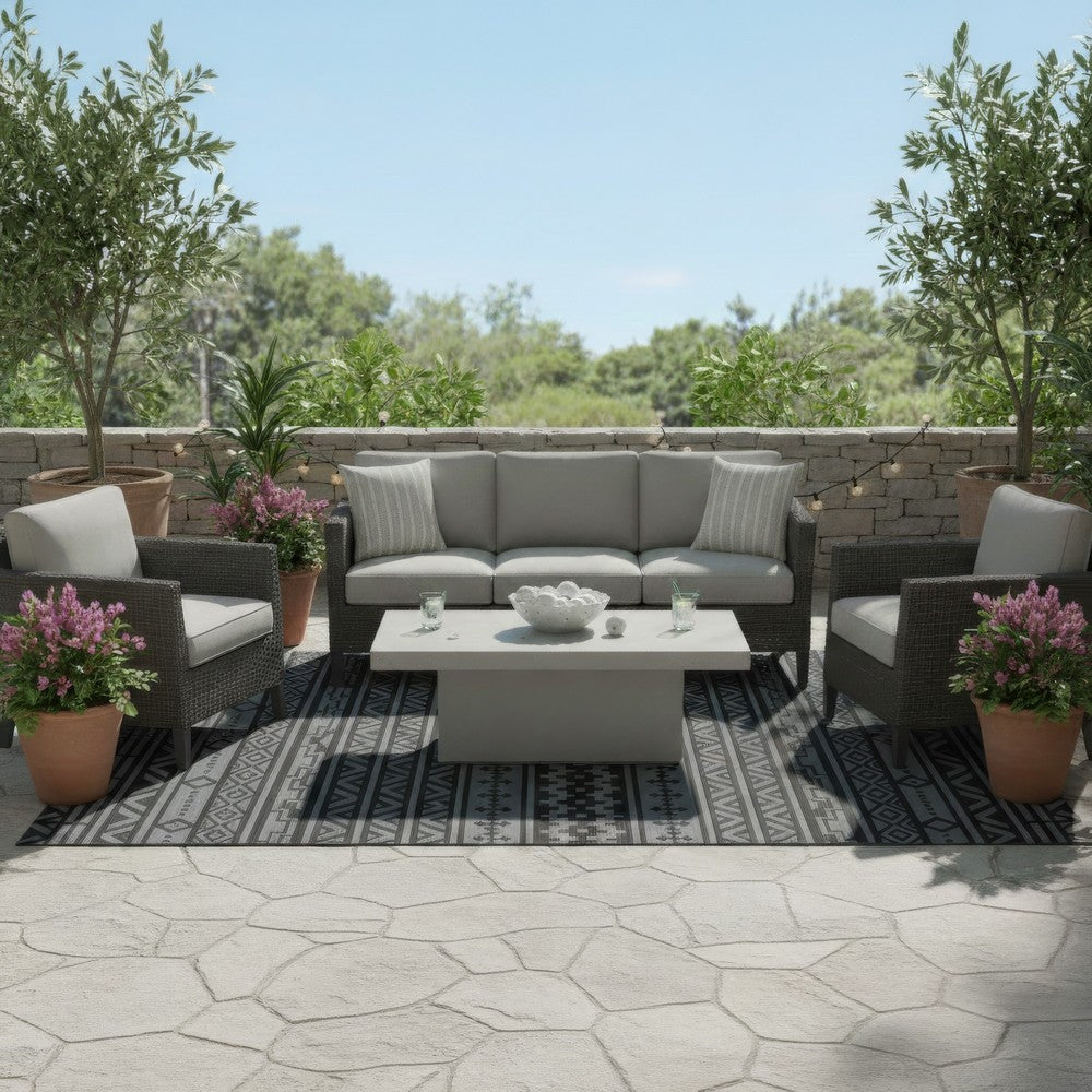 Mez 6x9 Medium Area Outdoor Rug | Black Gray Bohemian Geometric Pattern