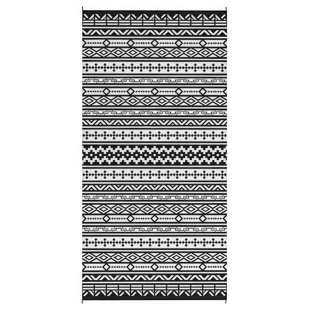 Mez 9x18 Ultra Large Outdoor Rug | Black White Bohemian Geometric Pattern