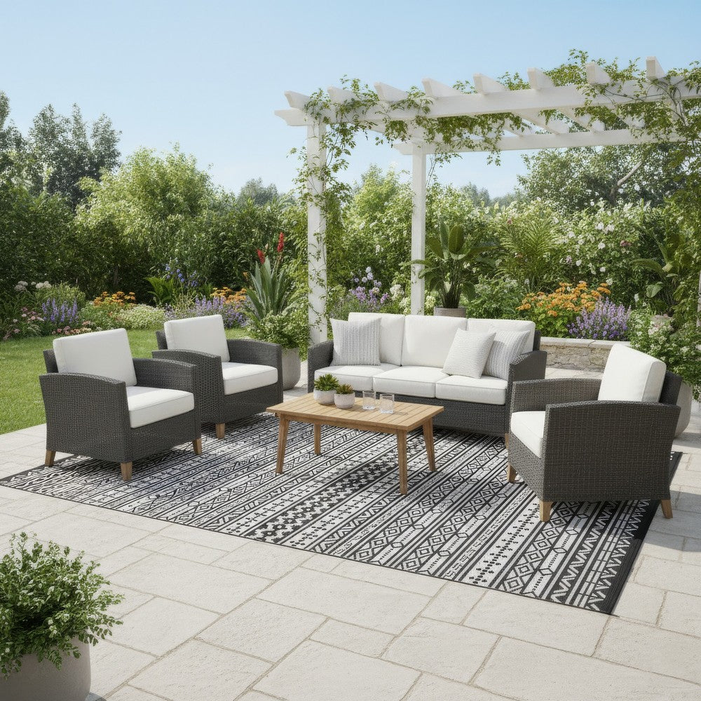 Mez 9x18 Ultra Large Outdoor Rug | Black White Bohemian Geometric Pattern