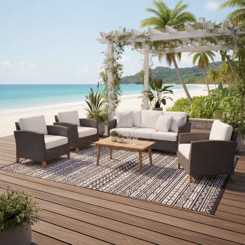 Mez 9x18 Ultra Large Outdoor Rug | Black White Bohemian Geometric Pattern