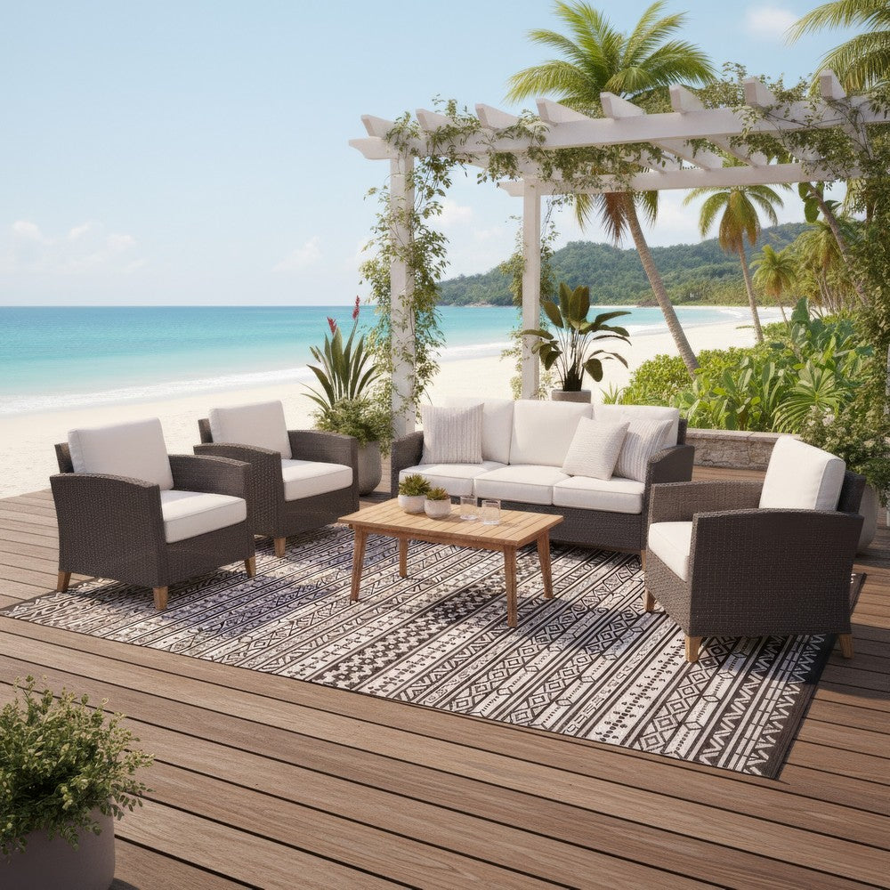 Mez 9x18 Ultra Large Outdoor Rug | Black White Bohemian Geometric Pattern