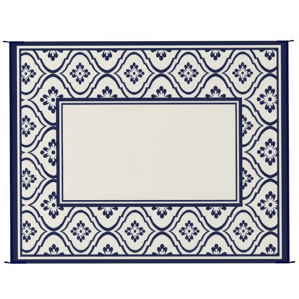 8x10 Large Area Outdoor Rug with Carrying Bag | Blue White Gourd Border