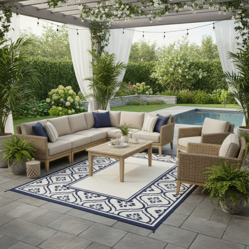 8x10 Large Area Outdoor Rug with Carrying Bag | Blue White Gourd Border