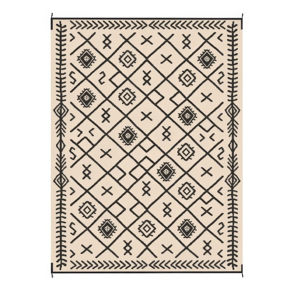 Kexy 9x12 Large Area Outdoor Rug with Carrying Bag | Beige Black Geometric