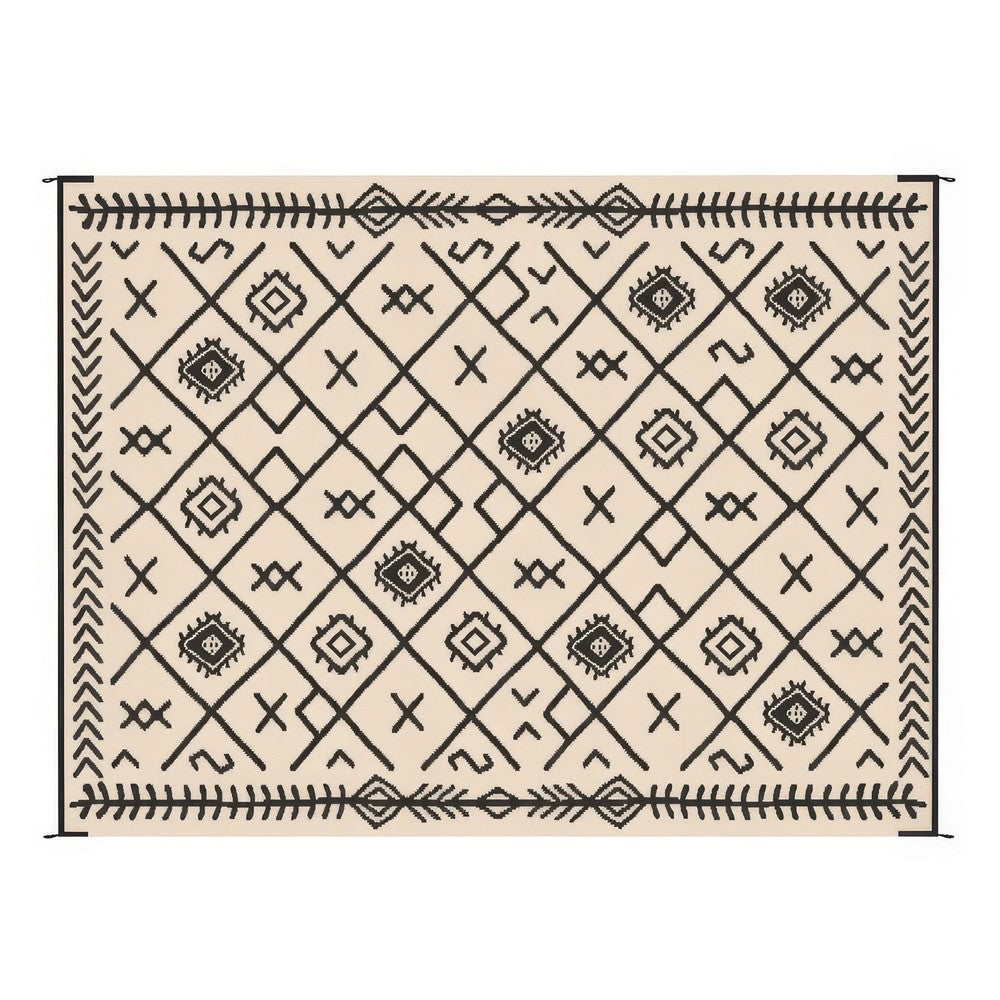Kexy 9x12 Large Area Outdoor Rug with Carrying Bag | Beige Black Geometric