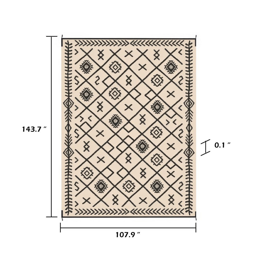 Kexy 9x12 Large Area Outdoor Rug with Carrying Bag | Beige Black Geometric