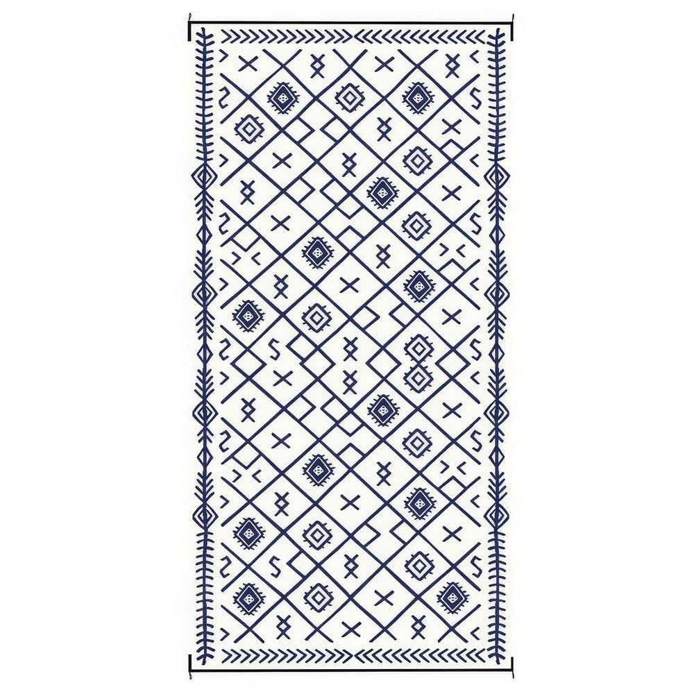 Kexy 9x18 Ultra Large Outdoor Rug with Carrying Bag | Blue White Geometric