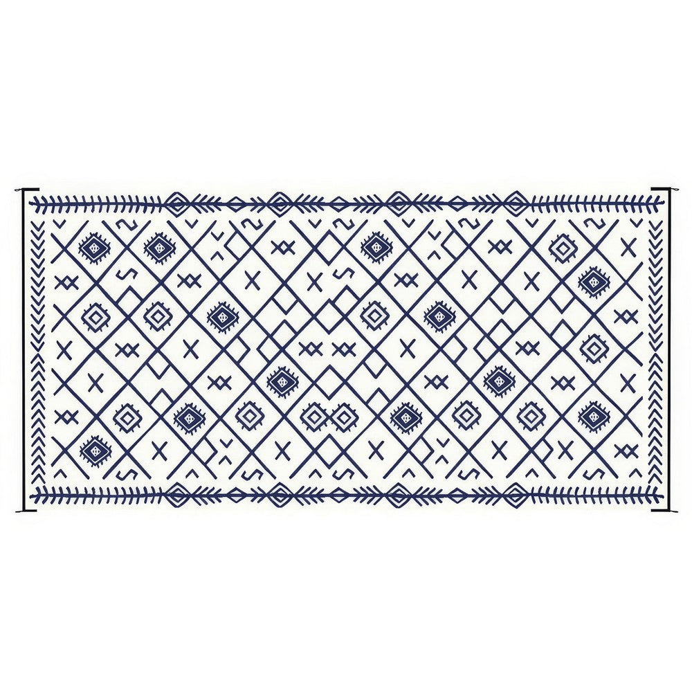 Kexy 9x18 Ultra Large Outdoor Rug with Carrying Bag | Blue White Geometric