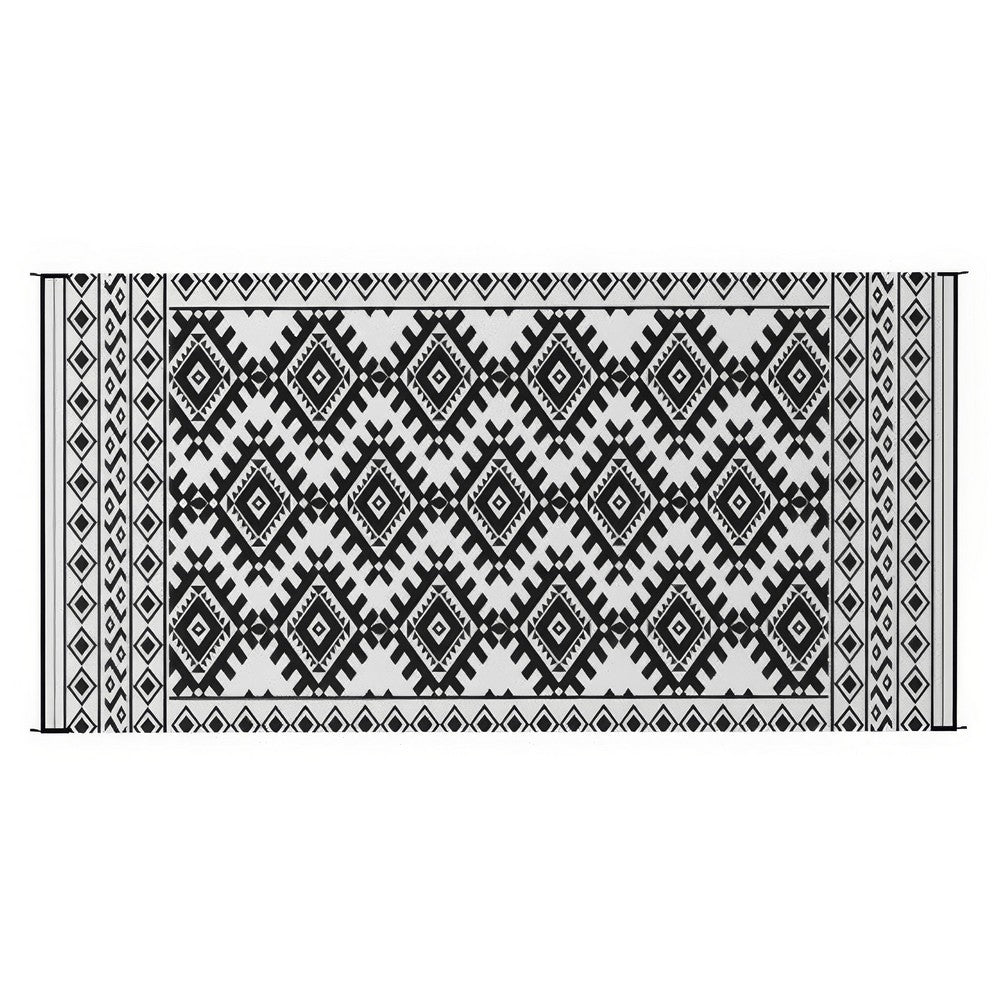 Elyz XL Outdoor Area Rug | Black & White Tribal Design | 9x18 Waterproof