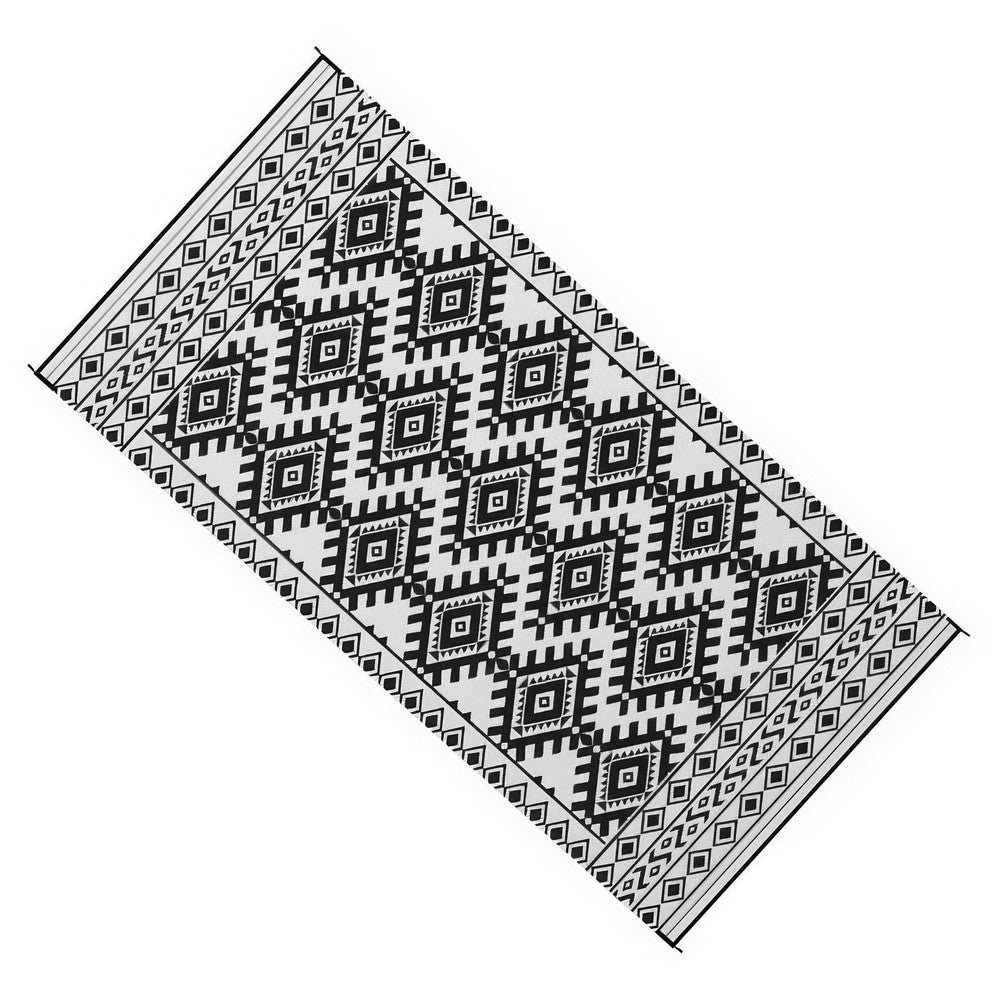 Elyz XL Outdoor Area Rug | Black & White Tribal Design | 9x18 Waterproof