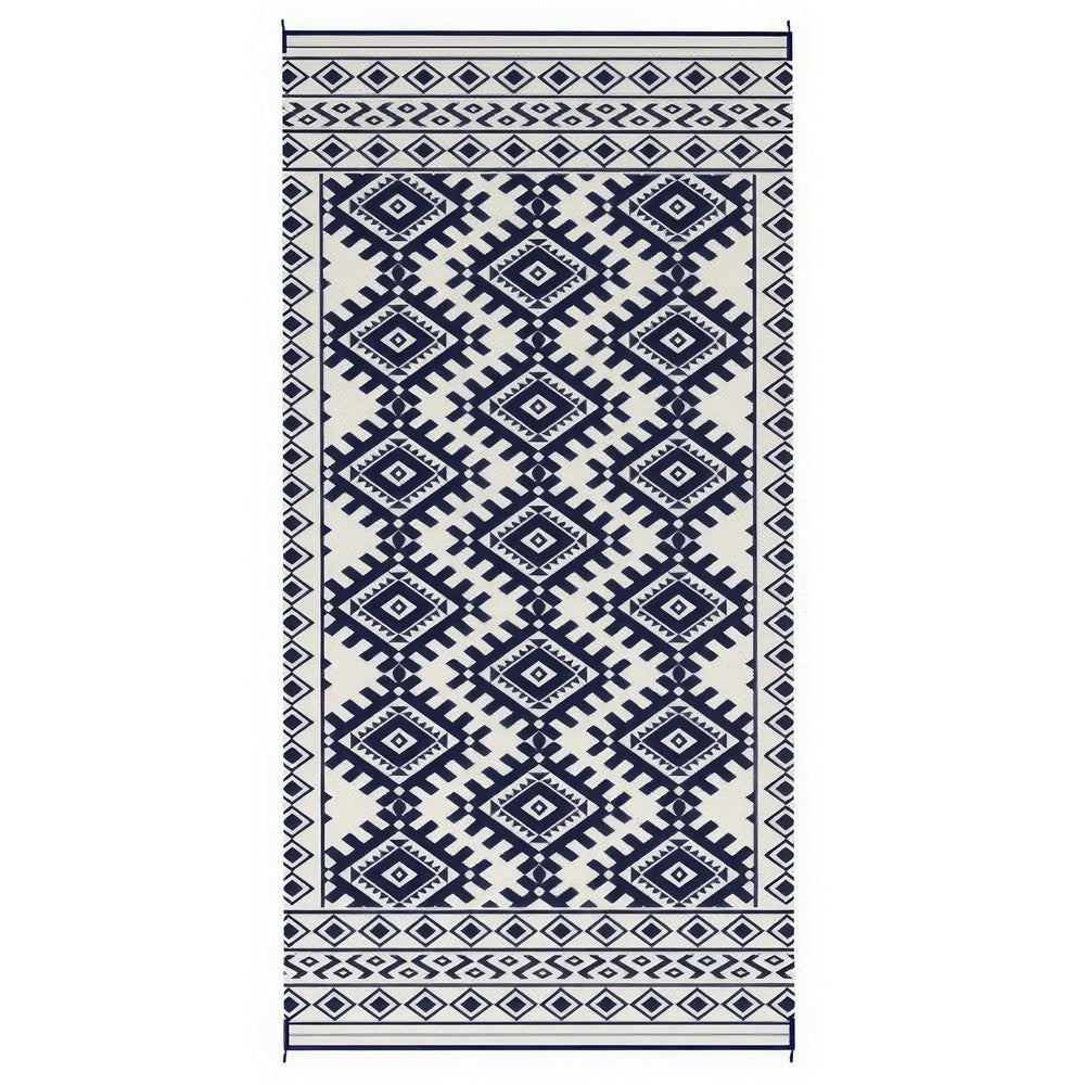 Elyz XL Outdoor Area Rug | Blue & White Tribal Design | 9x18 Weatherproof