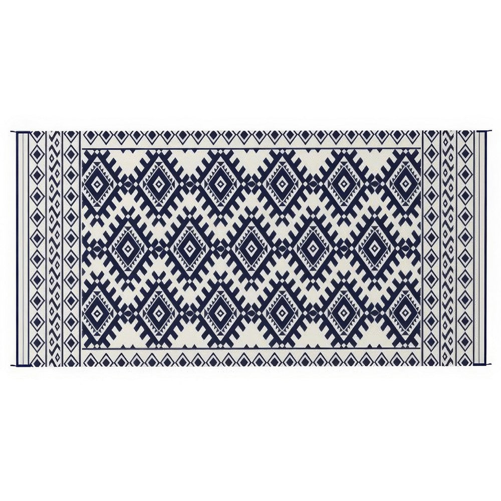 Elyz XL Outdoor Area Rug | Blue & White Tribal Design | 9x18 Weatherproof
