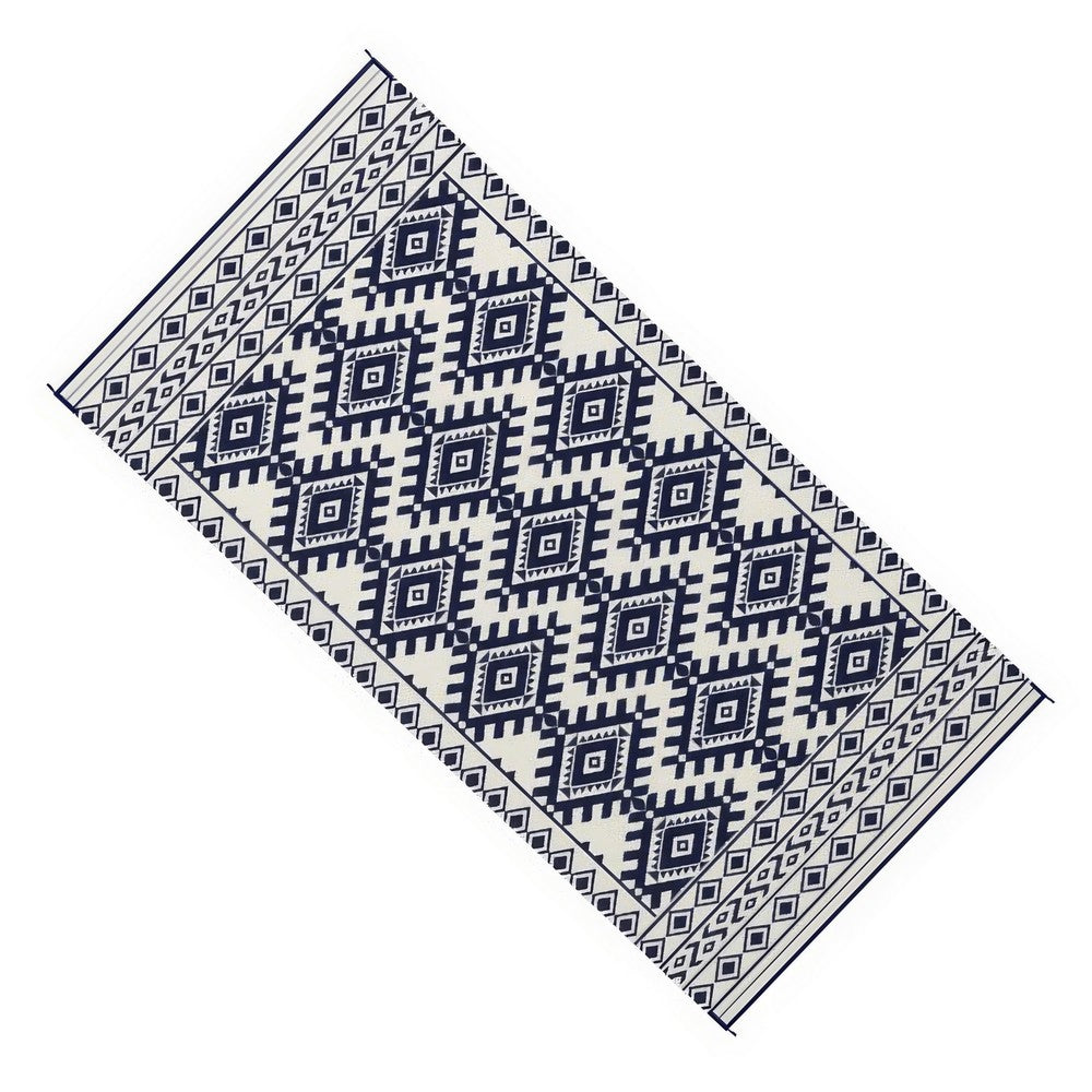 Elyz XL Outdoor Area Rug | Blue & White Tribal Design | 9x18 Weatherproof