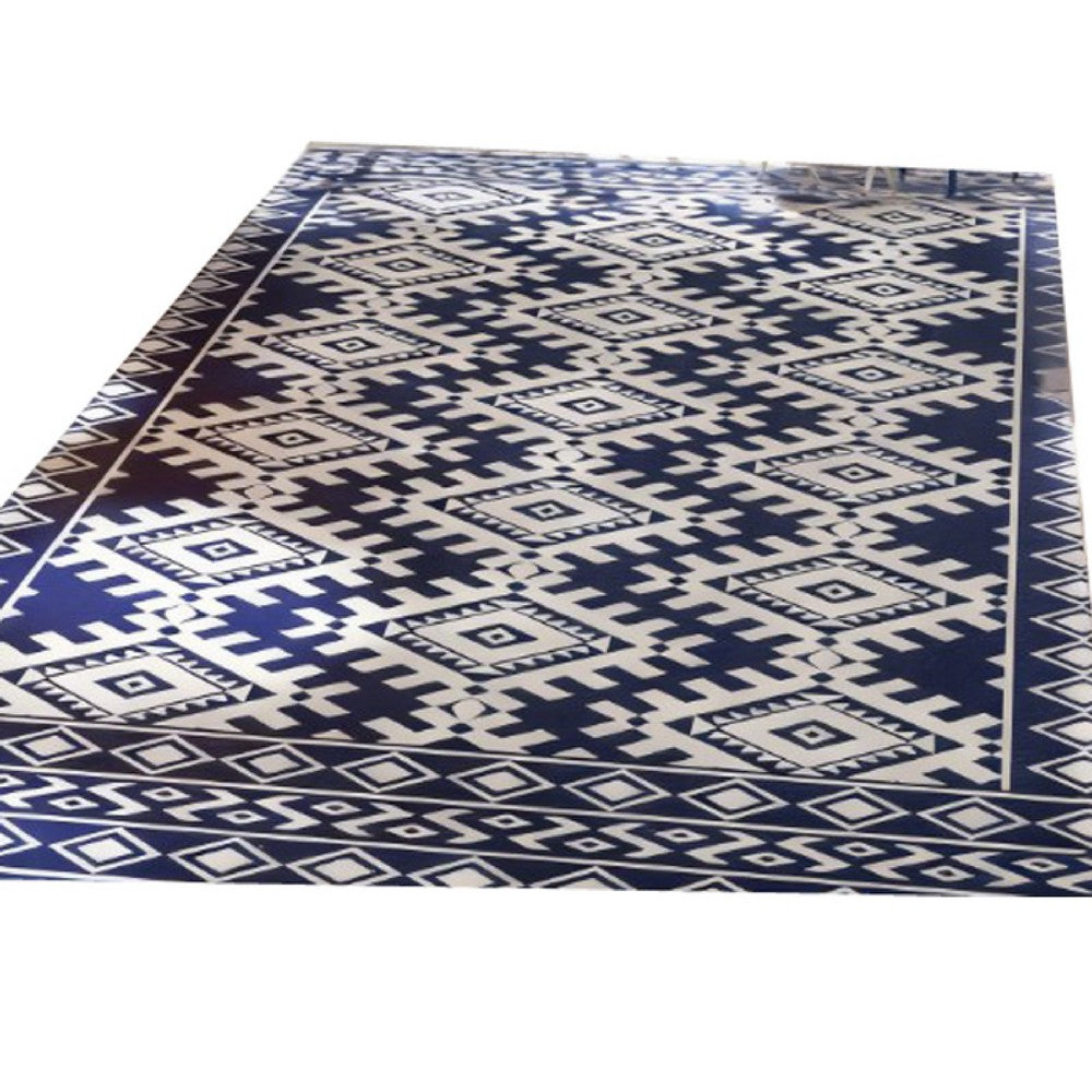 Elyz XL Outdoor Area Rug | Blue & White Tribal Design | 9x18 Weatherproof