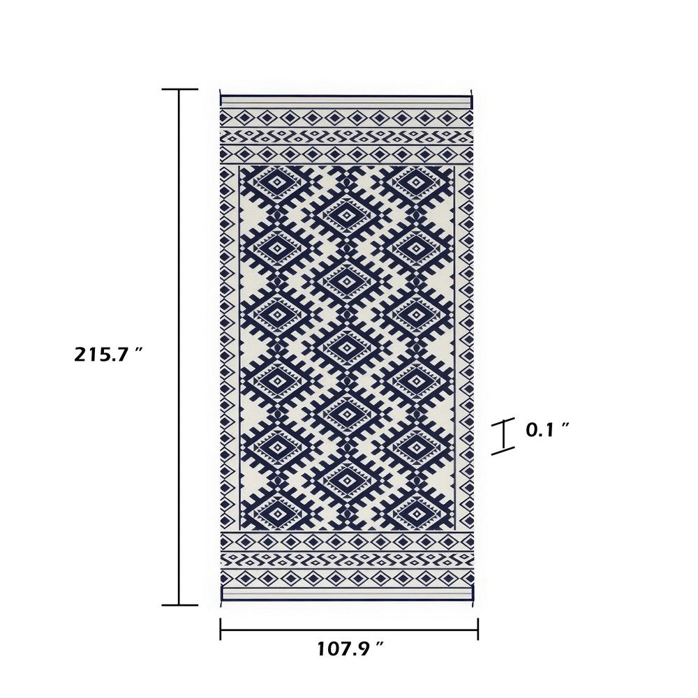 Elyz XL Outdoor Area Rug | Blue & White Tribal Design | 9x18 Weatherproof