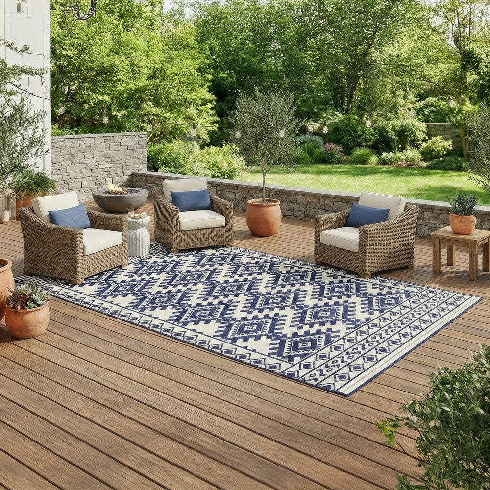 Elyz XL Outdoor Area Rug | Blue & White Tribal Design | 9x18 Weatherproof