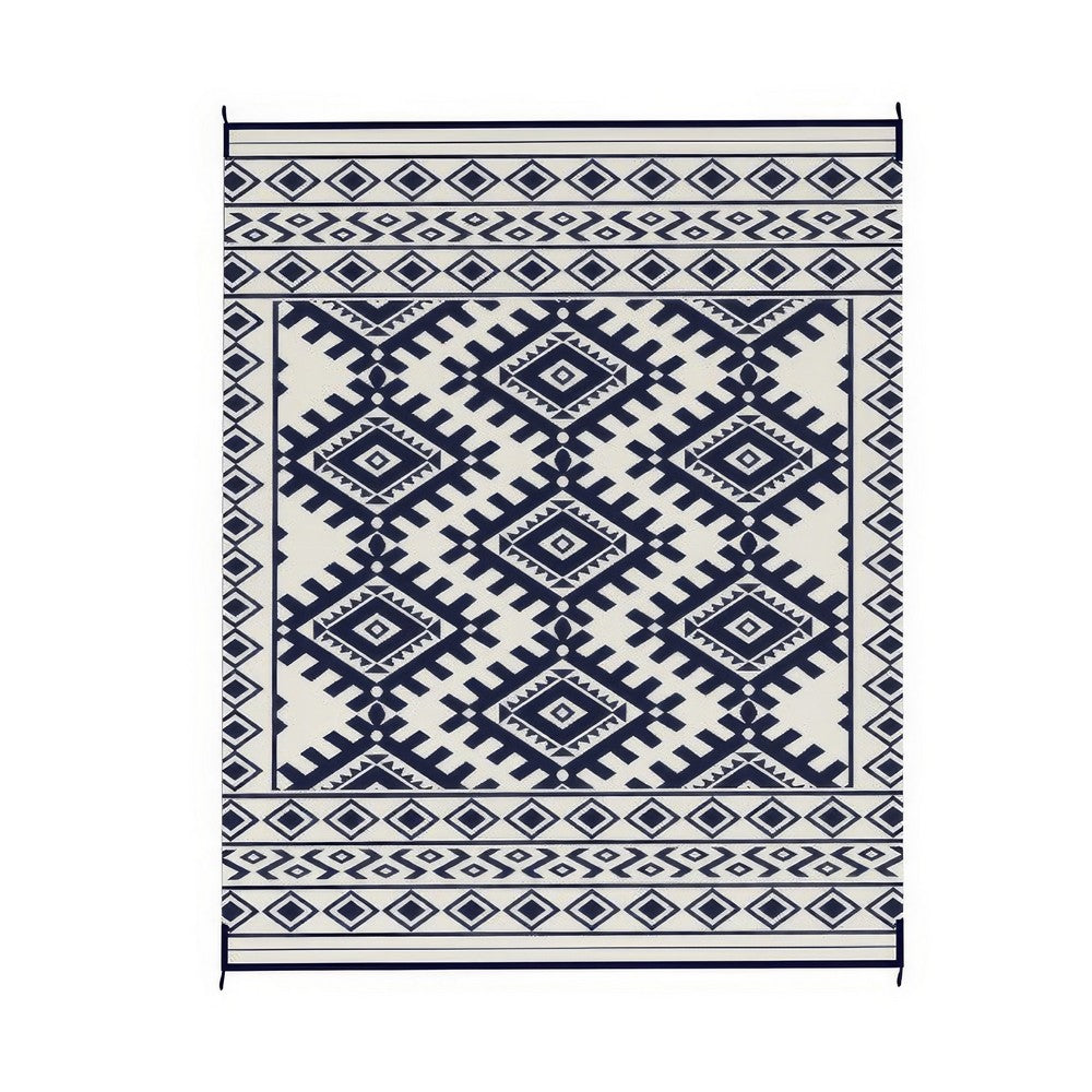 Elyz Large Outdoor Area Rug | Blue White Tribal Design | 8x10 Weatherproof