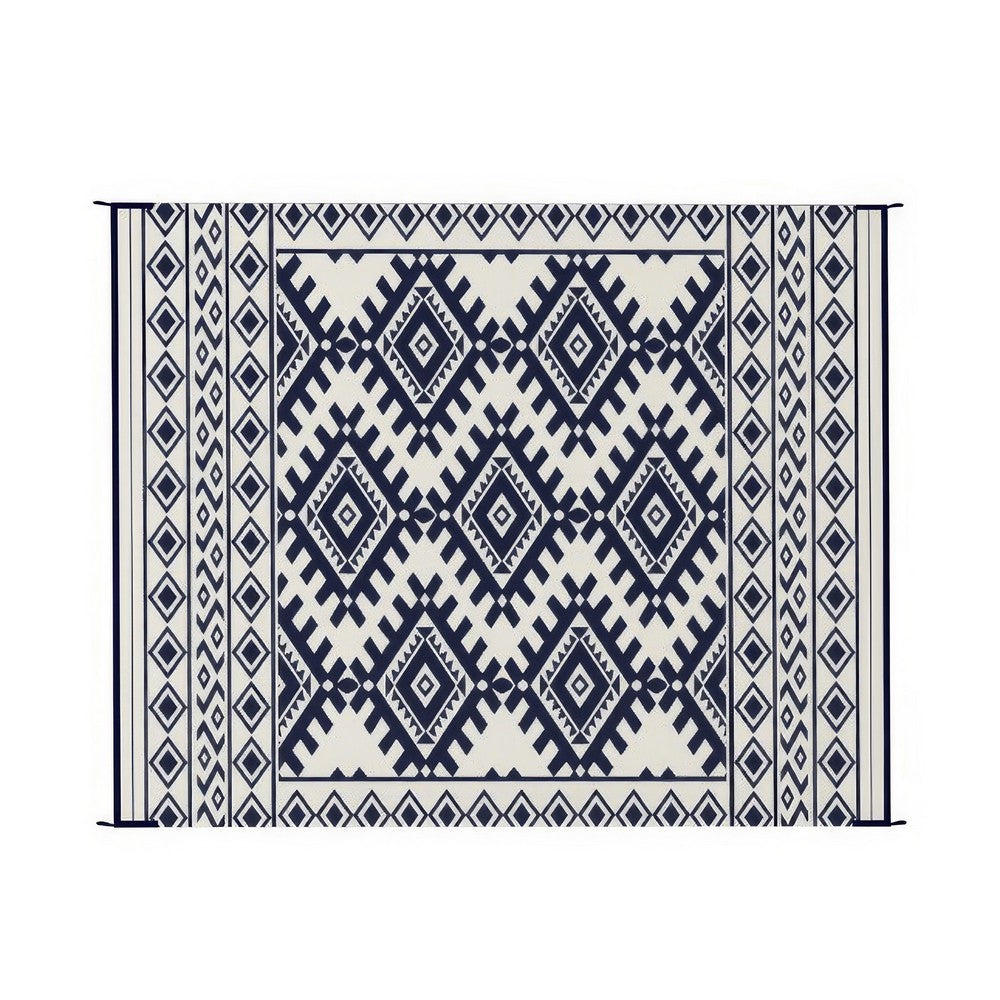 Elyz Large Outdoor Area Rug | Blue White Tribal Design | 8x10 Weatherproof