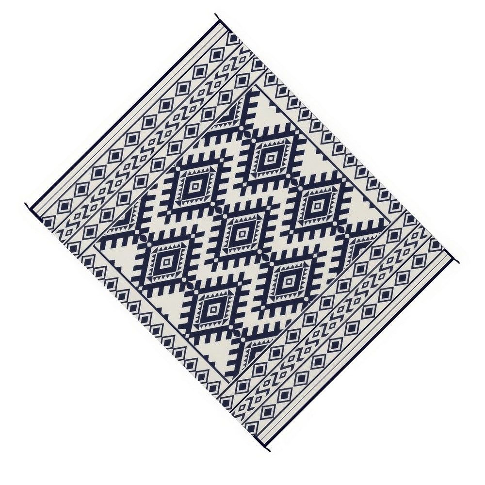 Elyz Large Outdoor Area Rug | Blue White Tribal Design | 8x10 Weatherproof