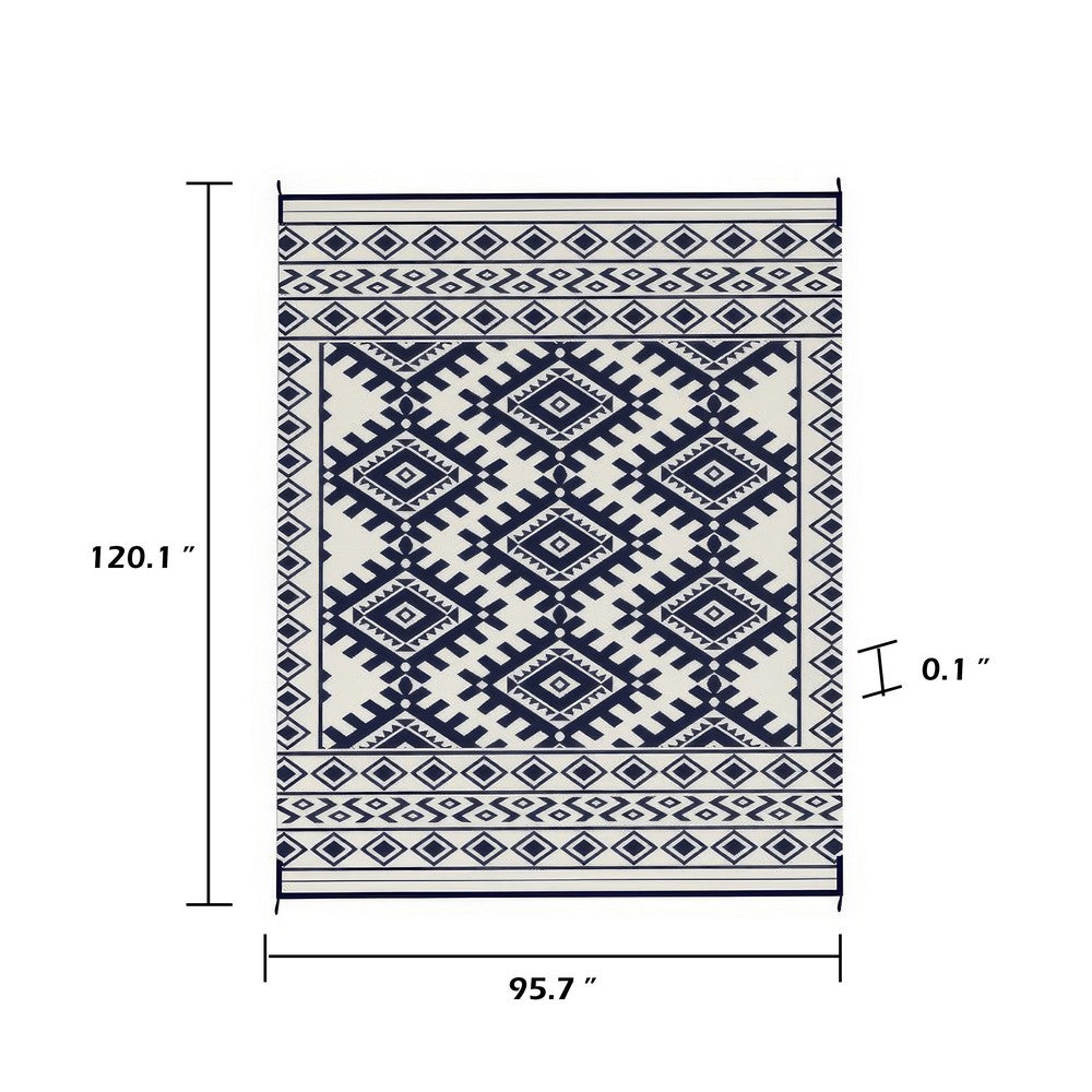 Elyz Large Outdoor Area Rug | Blue White Tribal Design | 8x10 Weatherproof