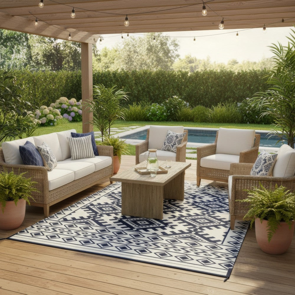Elyz Large Outdoor Area Rug | Blue White Tribal Design | 8x10 Weatherproof