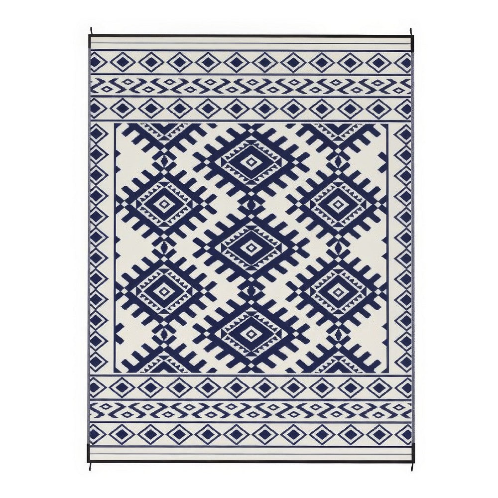 Elyz Large Outdoor Area Rug | Blue & White Tribal Design | 9x12 Waterproof