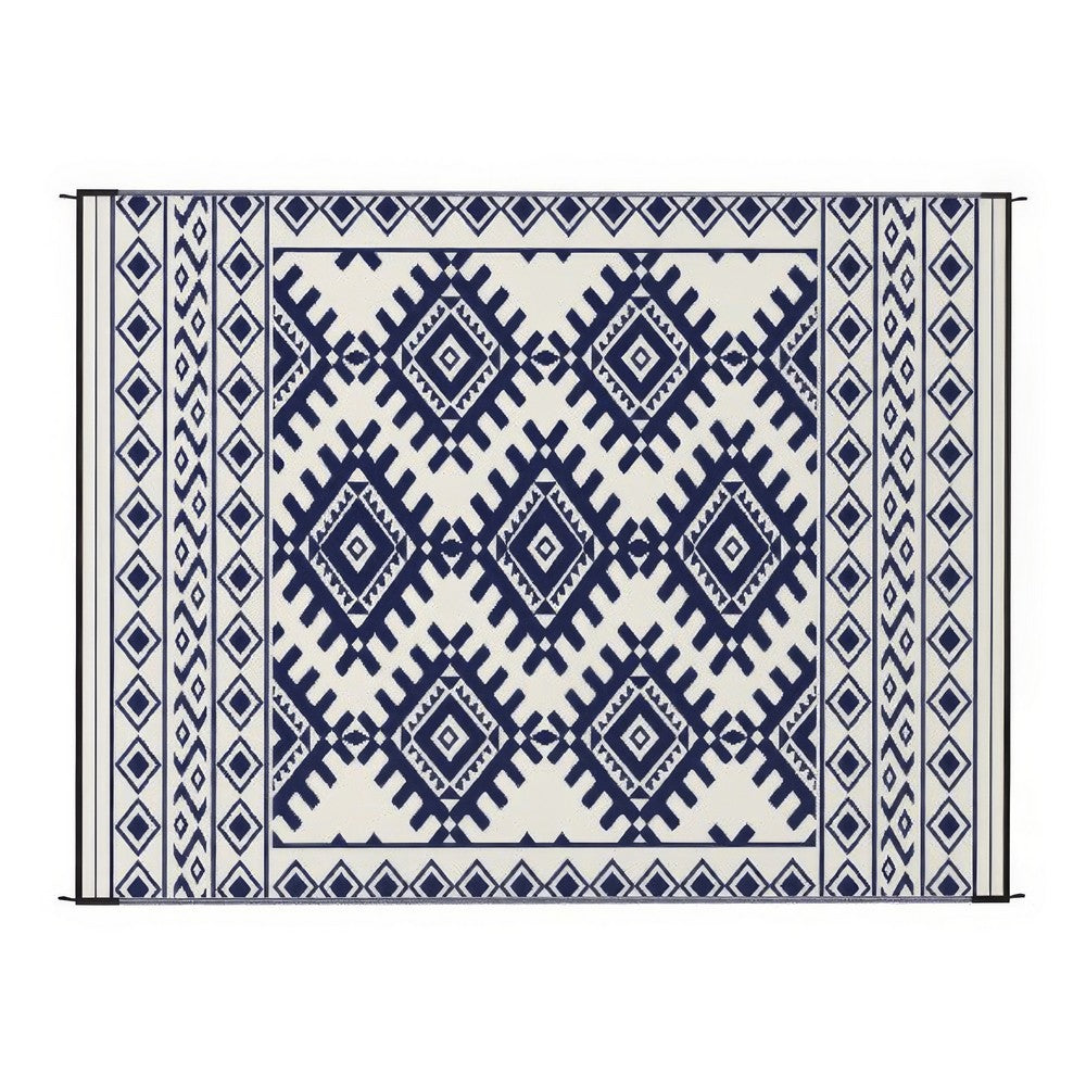 Elyz Large Outdoor Area Rug | Blue & White Tribal Design | 9x12 Waterproof