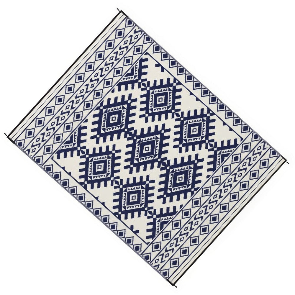 Elyz Large Outdoor Area Rug | Blue & White Tribal Design | 9x12 Waterproof