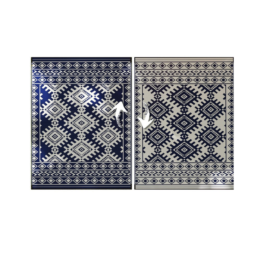 Elyz Large Outdoor Area Rug | Blue & White Tribal Design | 9x12 Waterproof