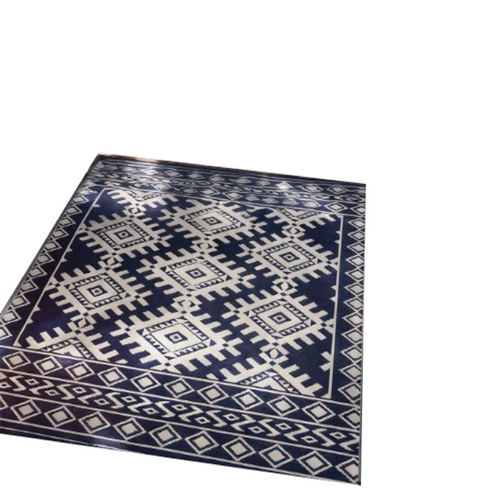Elyz Large Outdoor Area Rug | Blue & White Tribal Design | 9x12 Waterproof