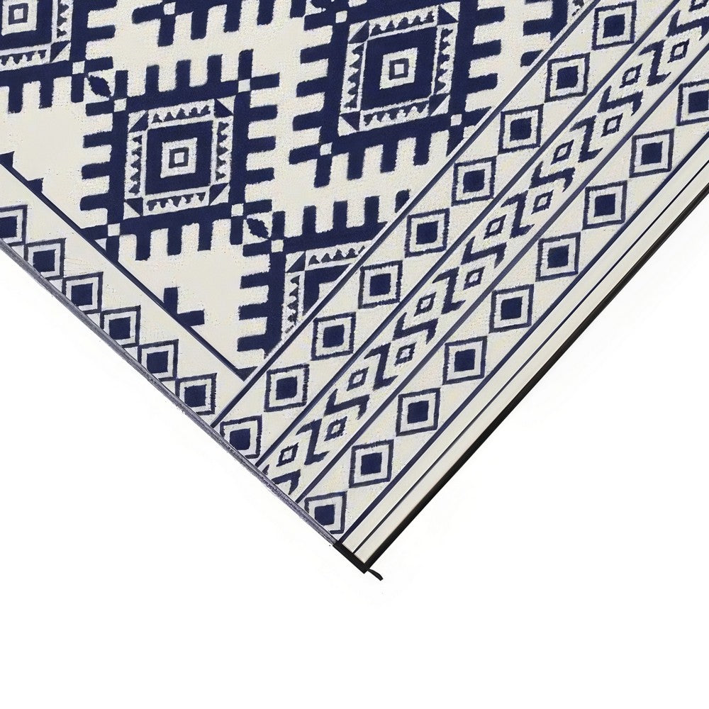 Elyz Large Outdoor Area Rug | Blue & White Tribal Design | 9x12 Waterproof