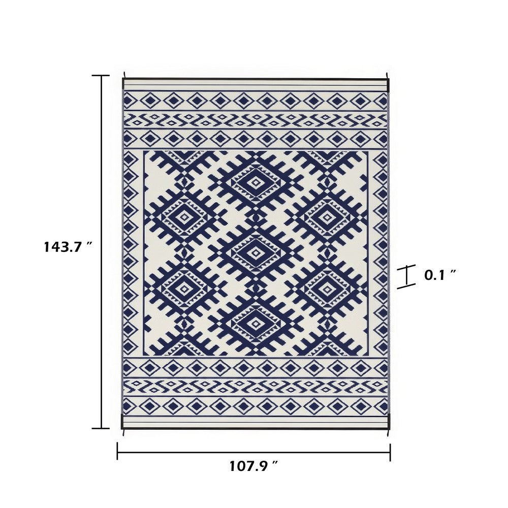 Elyz Large Outdoor Area Rug | Blue & White Tribal Design | 9x12 Waterproof